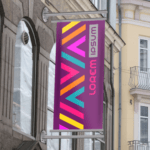 Striscioni da parete a blue sign with white text and an arrow