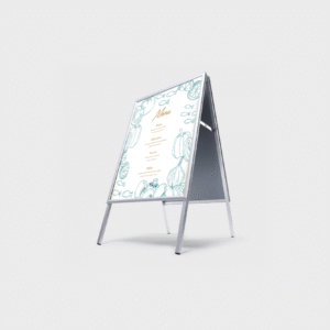 a white board with blue and orange writing Cavalletti pubblicitari Basic