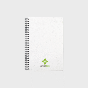 Quaderno A5 copertina di semi Quaderno bianco con logo verde.